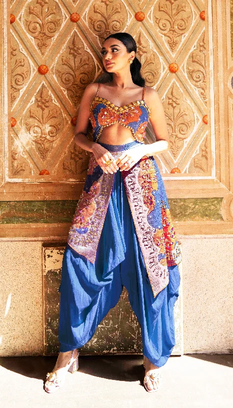 Women's Jumpsuits with Shawl CollarFLAMBE- Blue dhoti jumpsuit with orange printed flowers