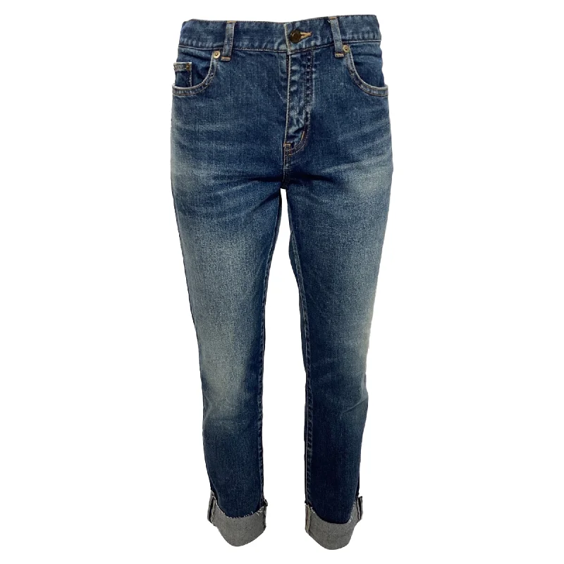 Women's Jodhpurs with Keyhole CollarSaint Laurent Washed Jeans Folded Hem in Blue Cotton