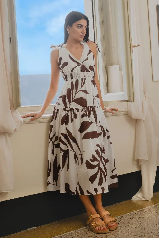 Women's High-Neck DressesWishful Chocolate Leaves Cotton Tie Strap Tiered Maxi Dress