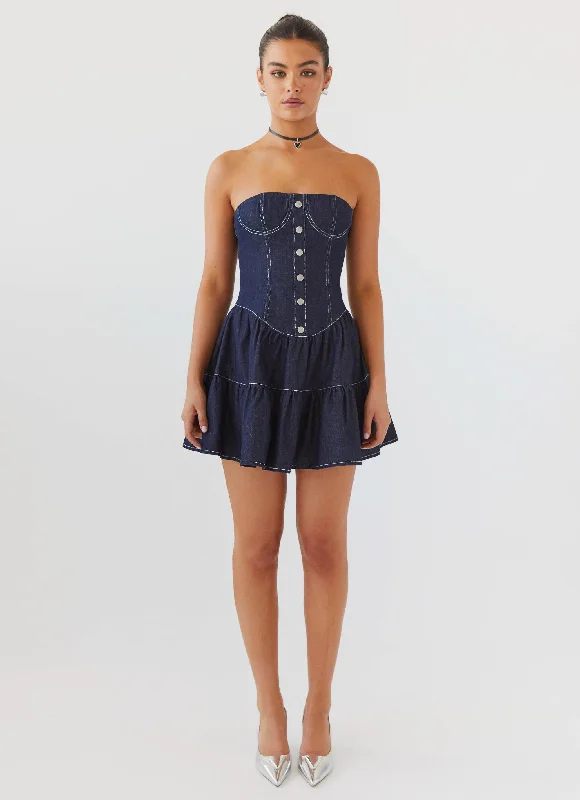 Women's V-Shaped Collar DressesAdriana Denim Bustier Dress - Indigo