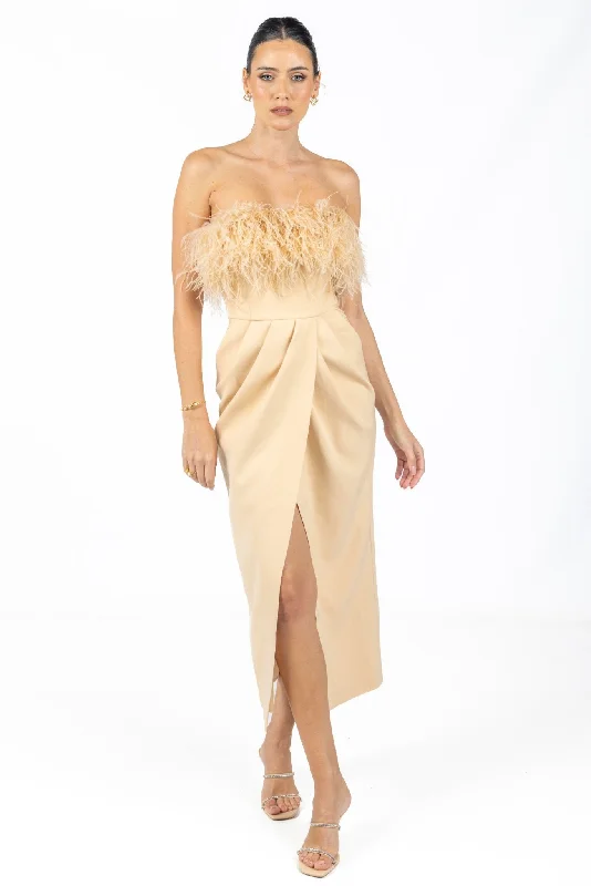 Women's Fit and Flare DressesDiane Midi Feather Dress Beige