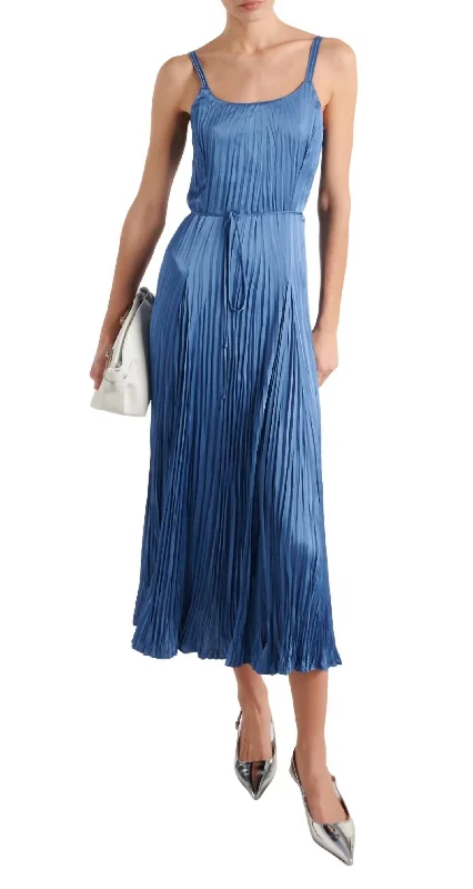 Women's Shawl Collar DressesPleated Midi Dress In Cadet Blue