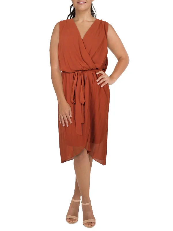 Women's Strapless DressesPlus Womens Chiffon Faux Wrap Midi Dress