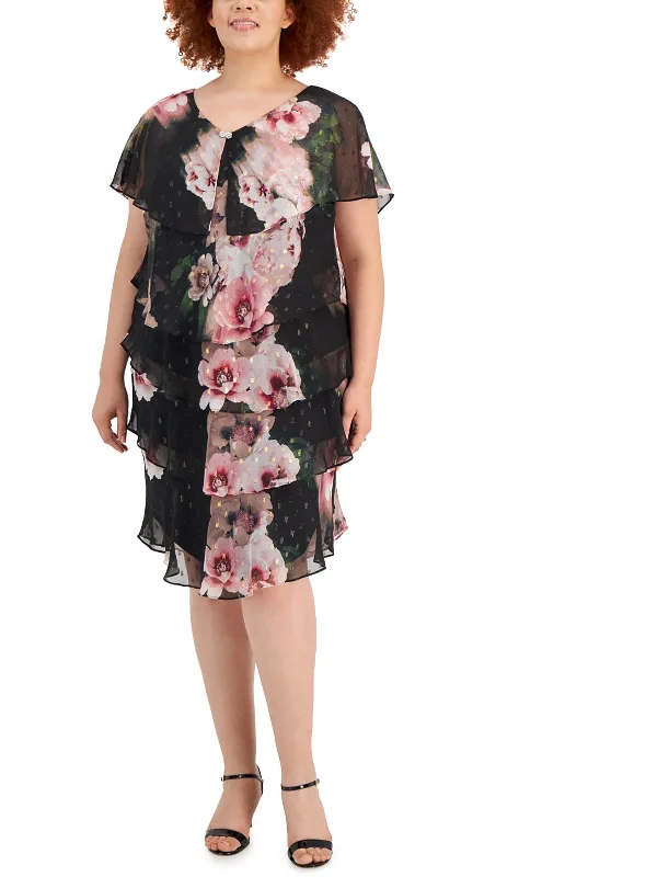 Women's Square Collar DressesPlus Womens Floral Print Polyester Midi Dress