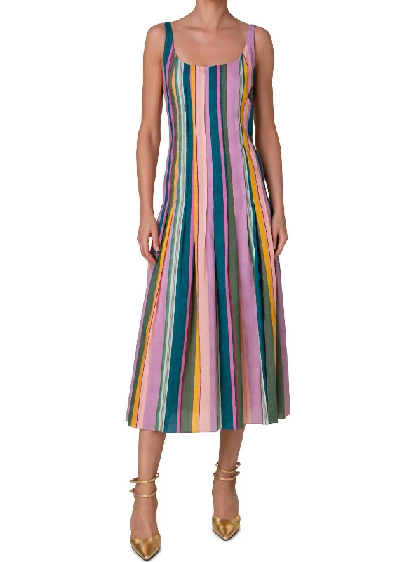 Women's Gathered DressesSleeveless Parasol Stripe Midi Dress In Mauve Multi