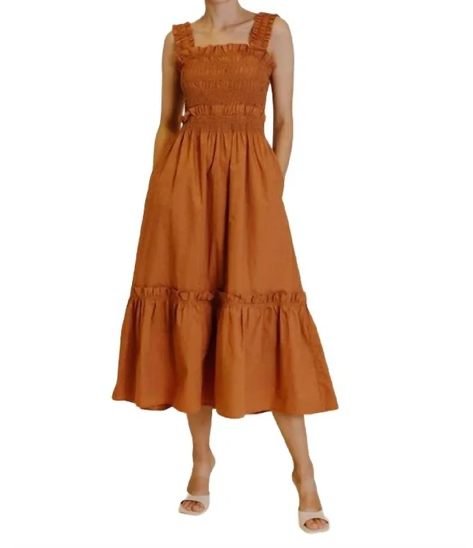 Women's U-Shaped Collar DressesSmocked Midi Dress In Terracotta