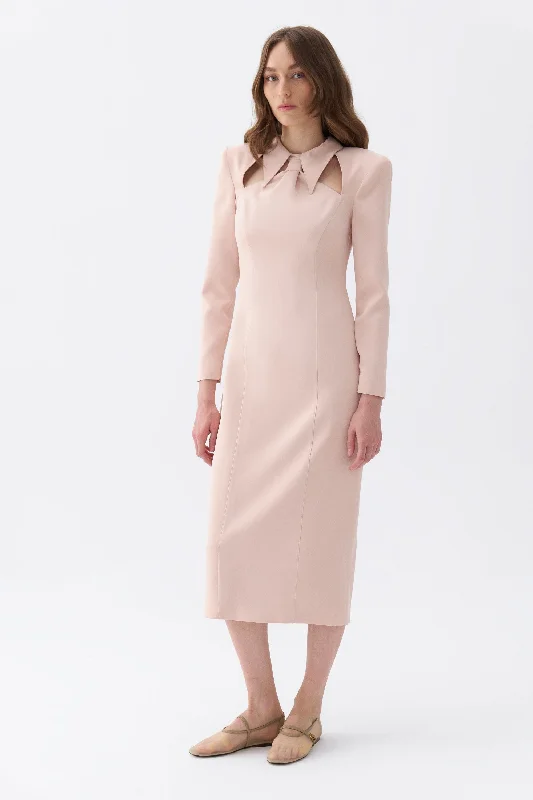 Women's Sweetheart Collar DressesTie Neck Midi Dress with Shoulder Pad