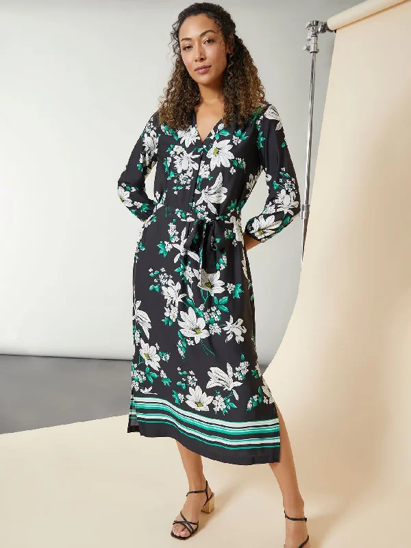 Women's Cap-Sleeve DressesV-Neck Floral Belted Midi Dress