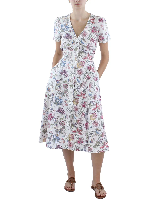 Women's Mandarin-Neck DressesWomens Linen Floral Print Midi Dress