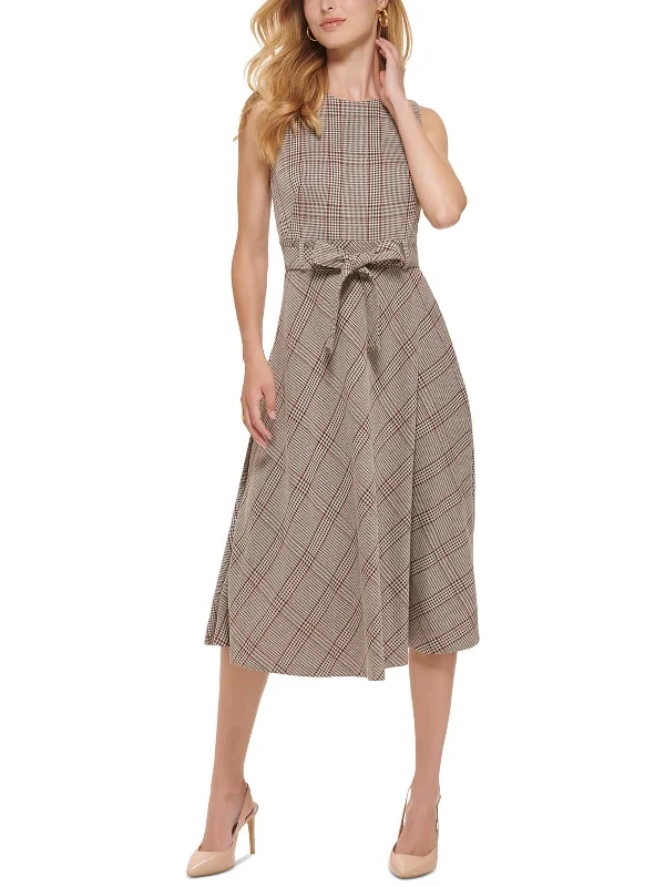 Women's U-Shaped-Neck DressesWomens Plaid Polyester Midi Dress