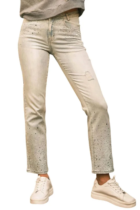 Women's Jodhpurs with V-Shaped HemHigh Waisted Rhinestone Embellishment Detail Denim In Light Wash