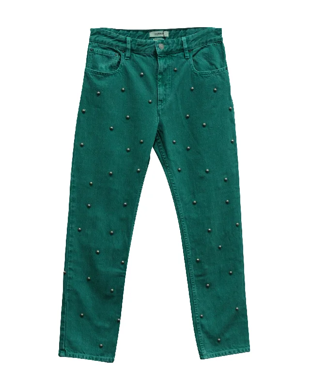 Women's Jodhpurs with Square CollarIsabel Marant Etoile Pearl Studded Jeans in Green Cotton