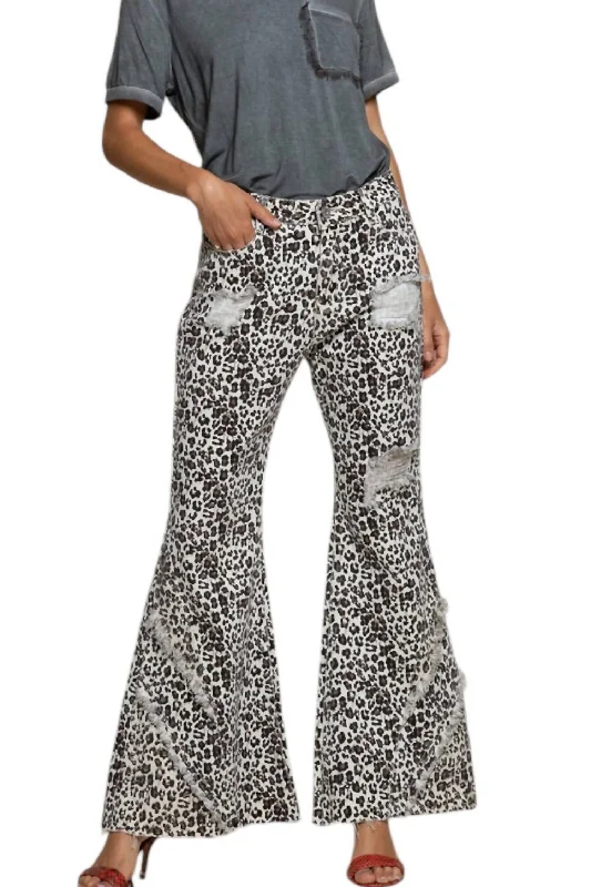 Women's Jodhpurs with Wide CollarLeopard Print Pants In Vintage Ivory