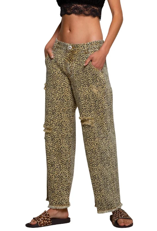 Women's Jodhpurs with Low CollarWide Straight Leg Leopard Print Crop Vintage Denim In Mustard