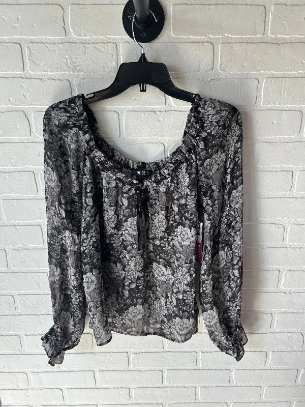 Women's Blouse with High CollarTop Long Sleeve By Paige In Black & Grey, Size: S