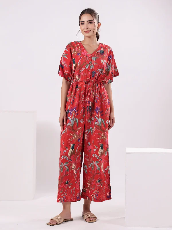 women's pajamas with pocketsRed Floral Printed Jumpsuit for Women