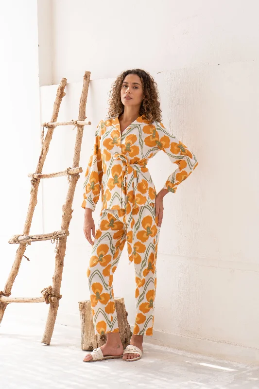 elegant women's satin pajamasYellow Flower Printed Cotton Co-ords Set